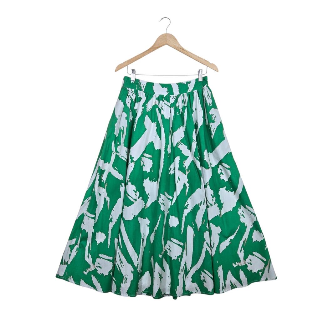 Flying Tomato Green White Abstract Brushstroke Midi Skirt L Resort Wear Chic